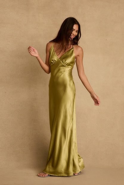 Mirabella Chartreuse Satin Maxi Dress