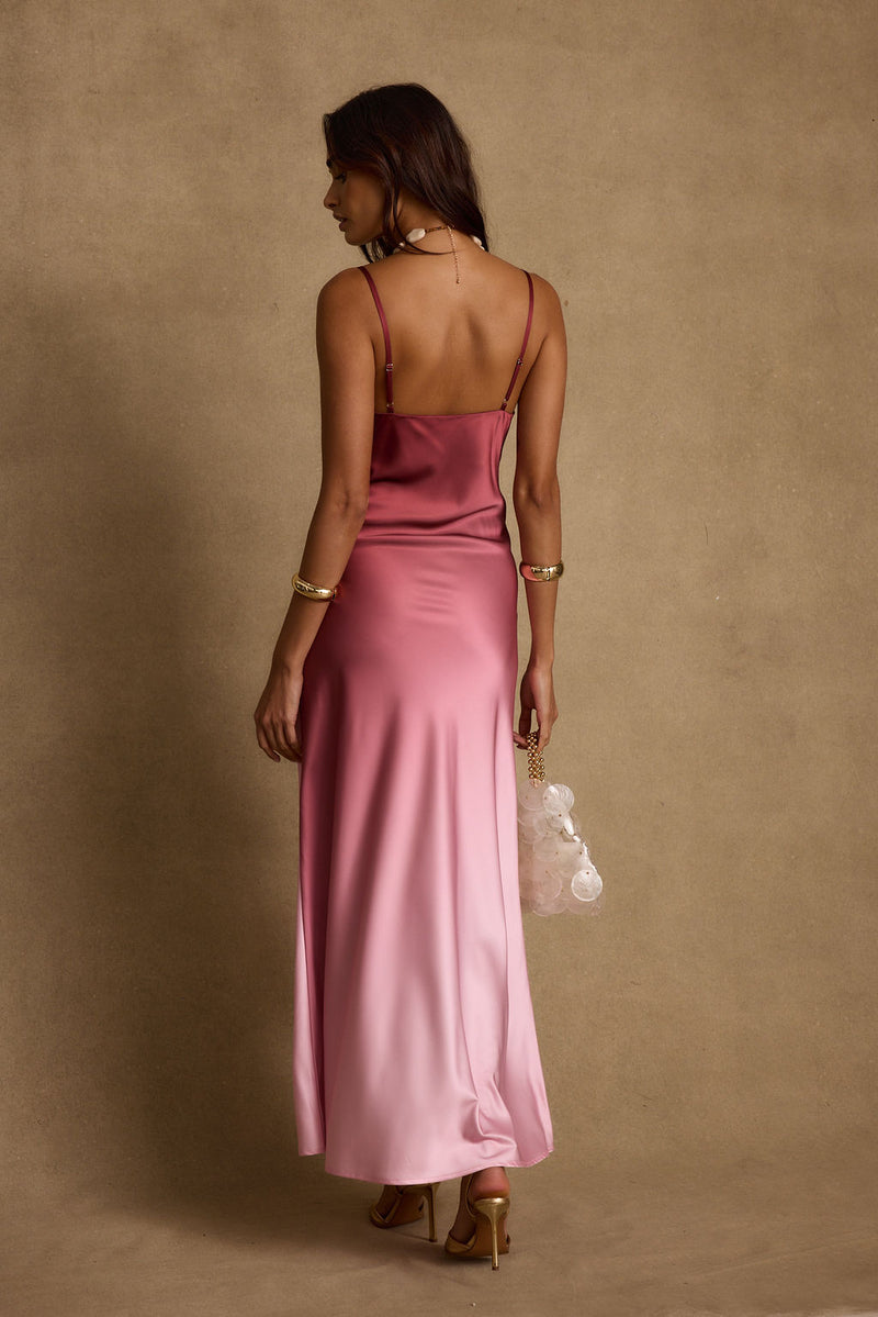 Close-up of the Mirabella Mulberry Ombre Maxi Dress showcasing the fabric texture and design details.