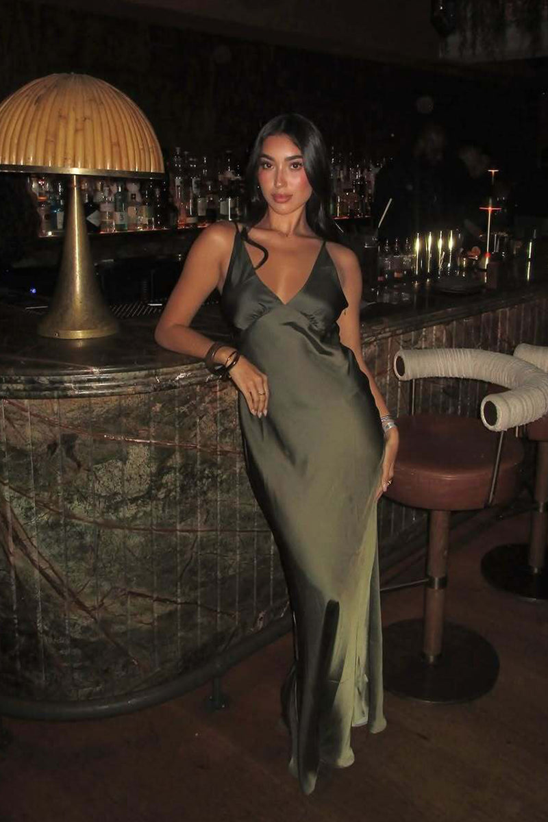 Additional view of the Mirabella Olive Satin Ombre Maxi Dress from a different perspective.