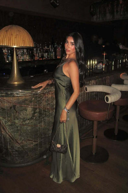 Mirabella Olive Satin Ombre Maxi Dress shown in a complementary styling arrangement.