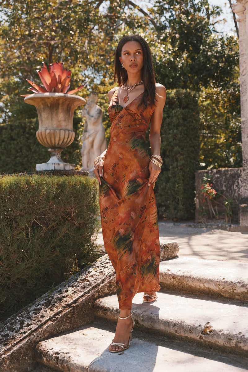 Mirabella Rust Printed Satin Maxi Dress