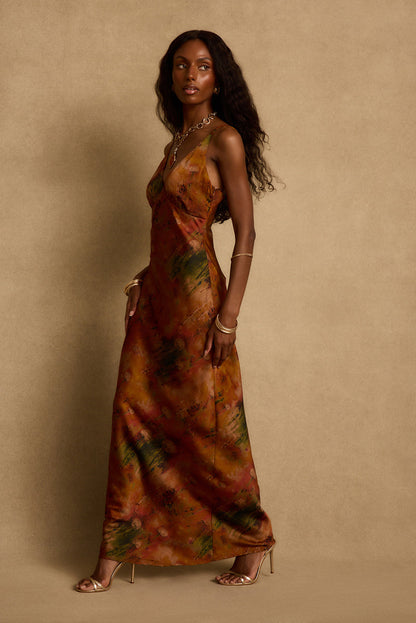 Mirabella Rust Printed Satin Maxi Dress
