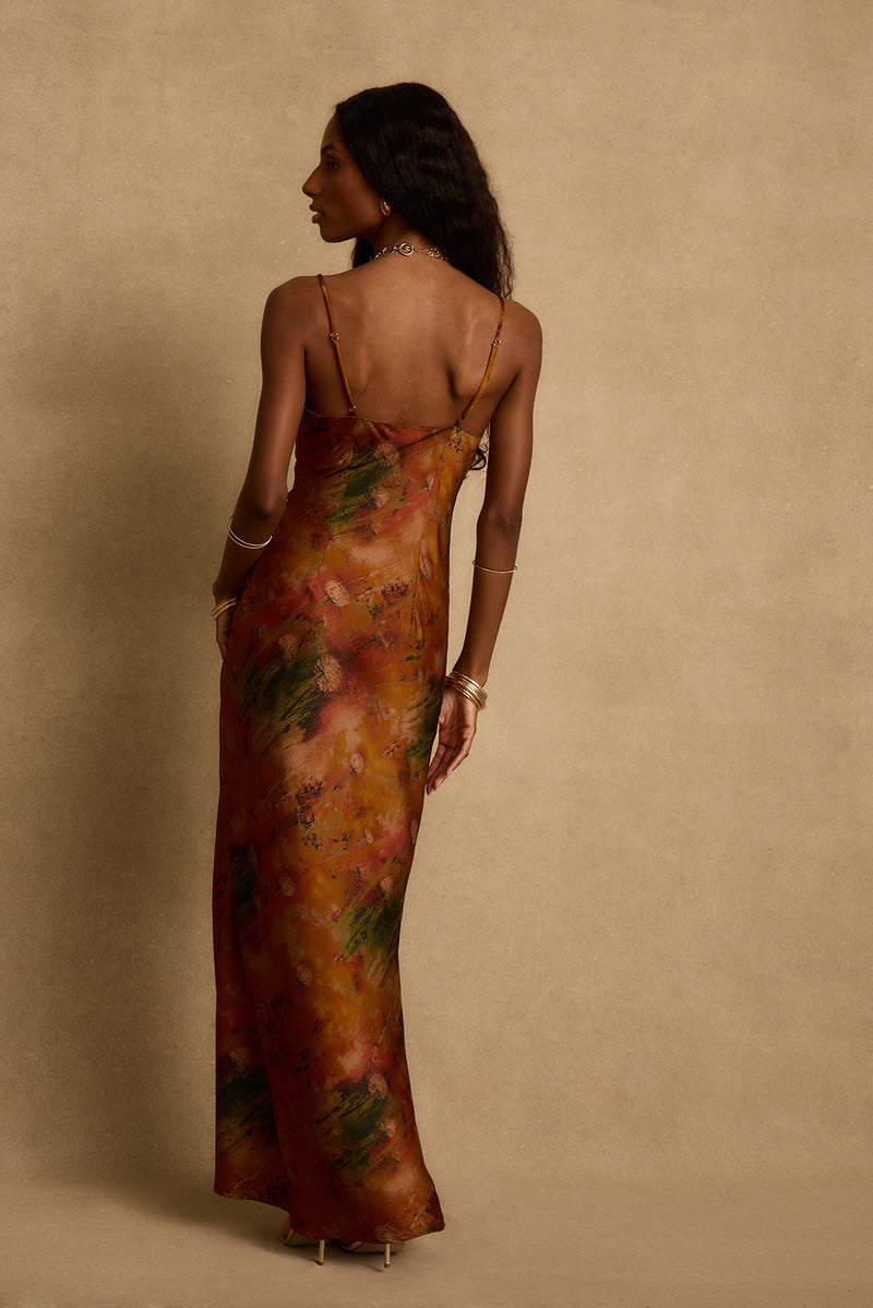 Mirabella Rust Printed Satin Maxi Dress