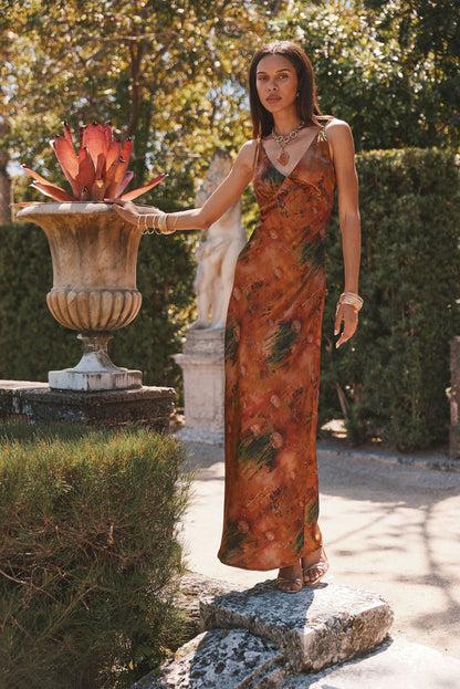 Mirabella Rust Printed Satin Maxi Dress