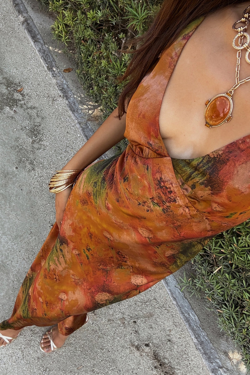 Mirabella Rust Printed Satin Maxi Dress