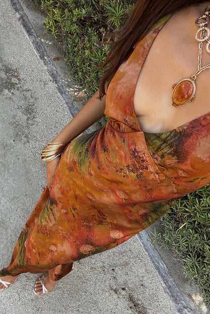 Mirabella Rust Printed Satin Maxi Dress