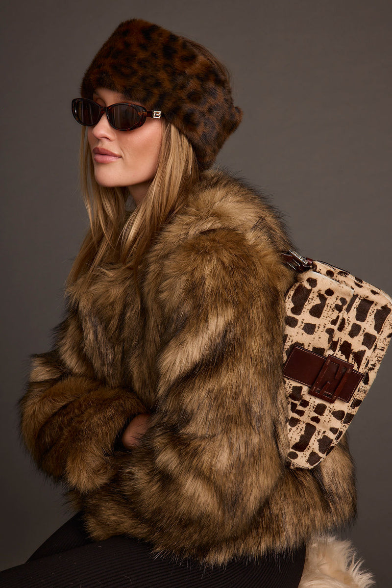 Misty Brown Faux Fur Coat styled in a complete look from an alternate angle.