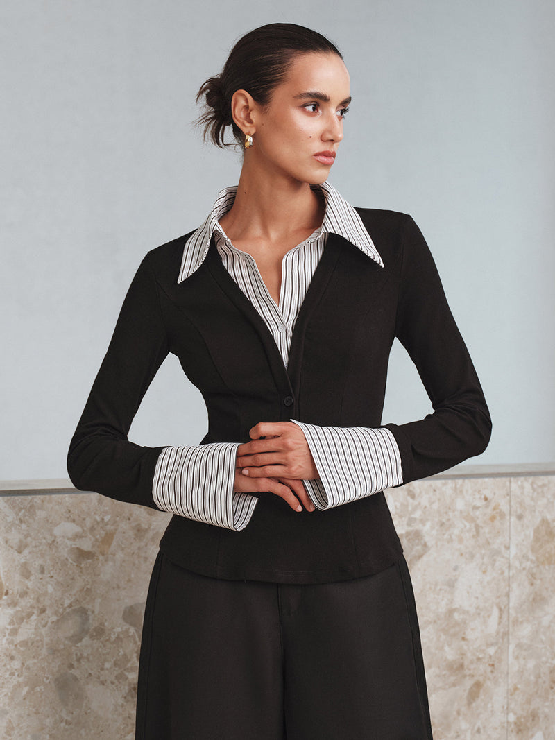 Mock Two Piece Long Sleeve Two Tone Polo Top Blouses