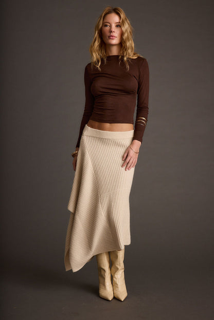 Mod Cream Asymmetrical Skirt styled in a complete look from an alternate angle.