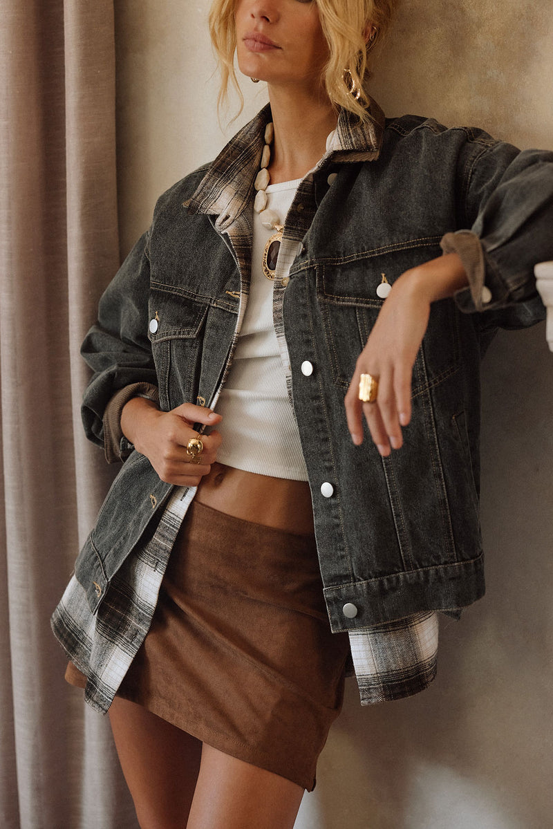 Moxie Cognac Vegan Suede Mini Skirt styled in a complete look from an alternate angle.