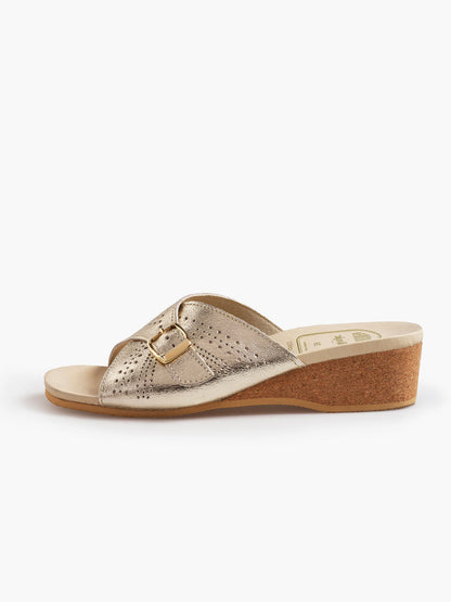 Profile view of JACQUELINE metallic silver leather mule shoes, e-commerce packshot