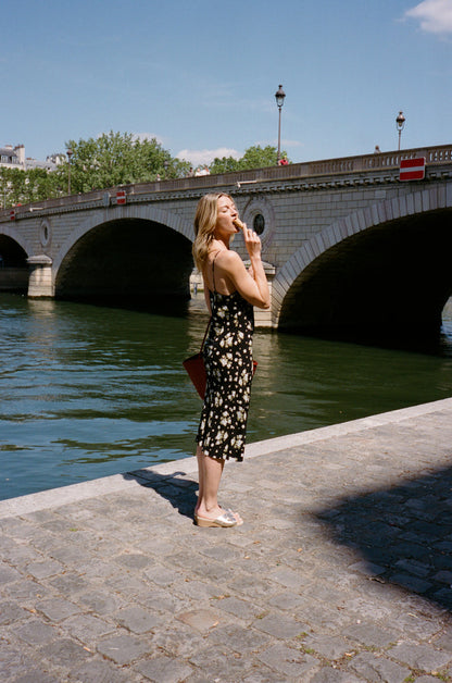 DARIA black floral midi dress styled with Jacqueline mule, Rouje x Worishofer
