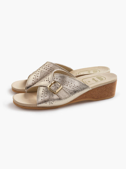 Three-quarter high-angle shot of JACQUELINE designer silver mule shoes, white background