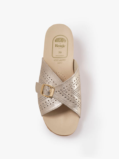 Top-down view of JACQUELINE silver leather mule shoes, studio product packshot