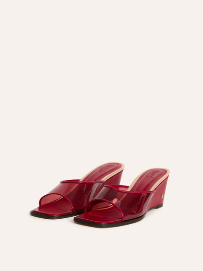 NATTY burgundy vinyl wedge mules, front view by Rouje
