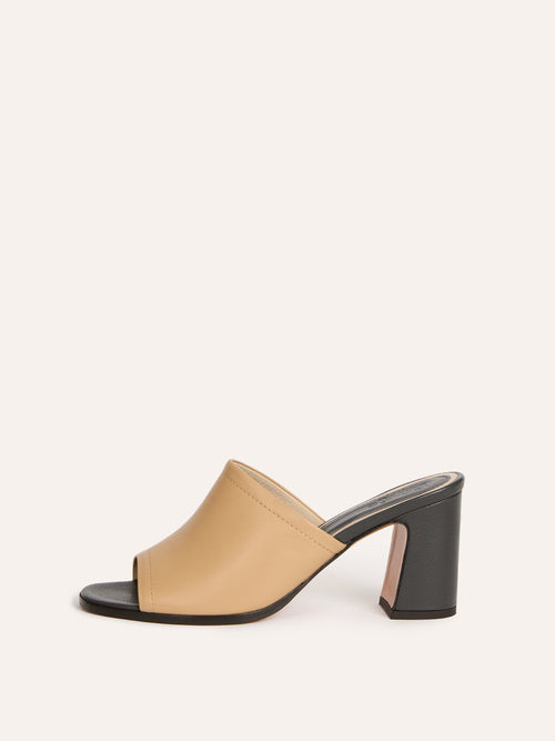 SARA beige leather heeled mules, front view by Rouje