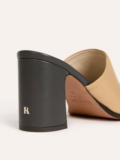 SARA beige leather heeled mules, back view by Rouje