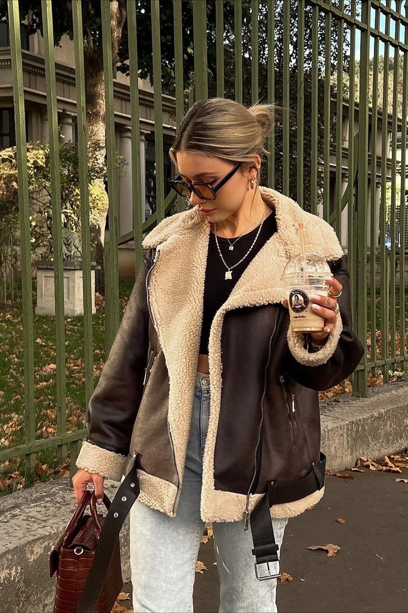 Multi Zip Faux Shearling Longline Jacket