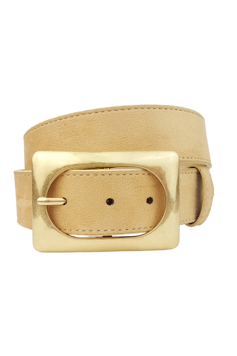 Close-up of the Mumford Camel Vegan Suede Belt showcasing the fabric texture and design details.