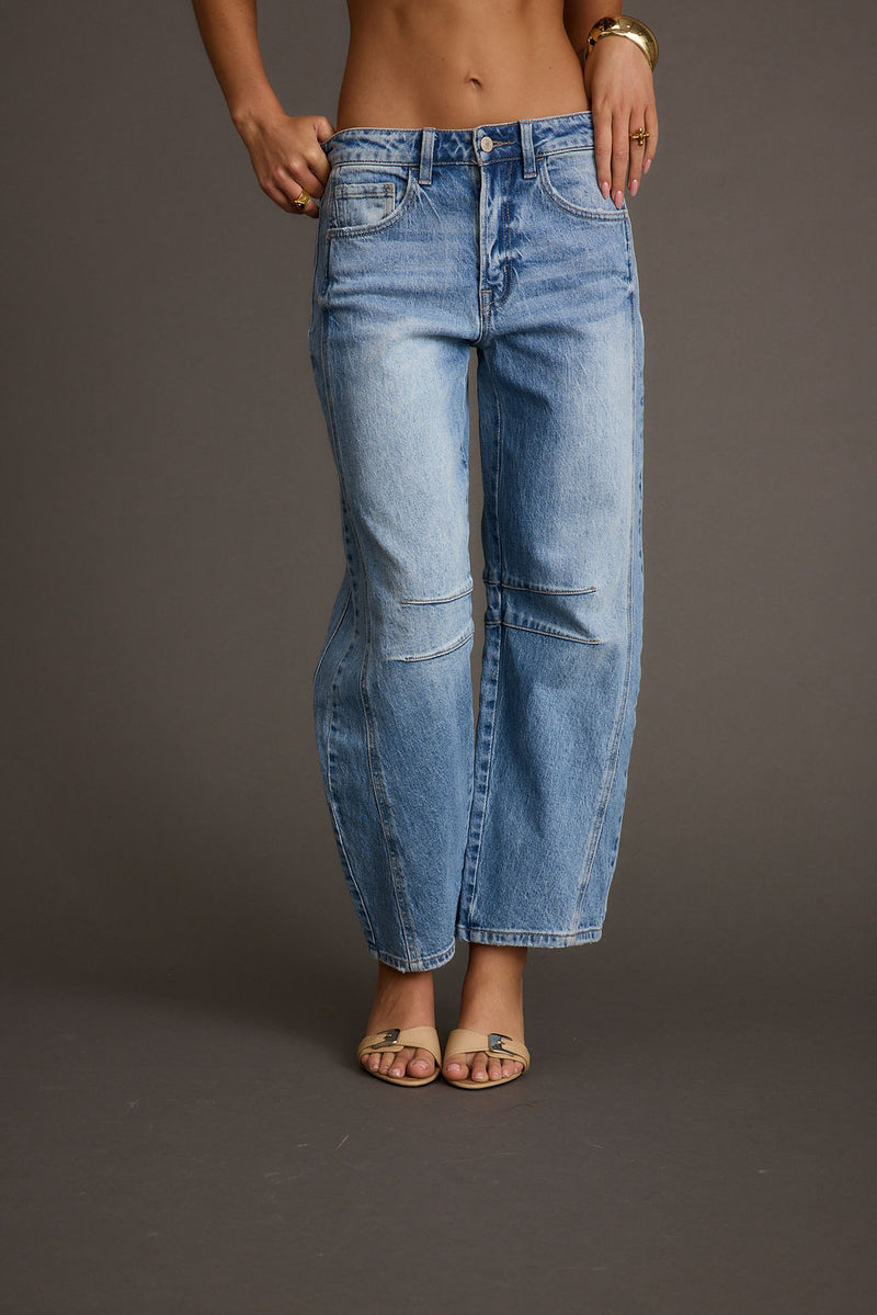 Close-up of the Muse Barrel Denim Jeans showcasing the denim texture and craftsmanship.