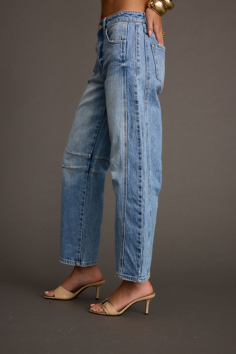 Muse Barrel Denim Jeans styled in a complete look from an alternate angle.