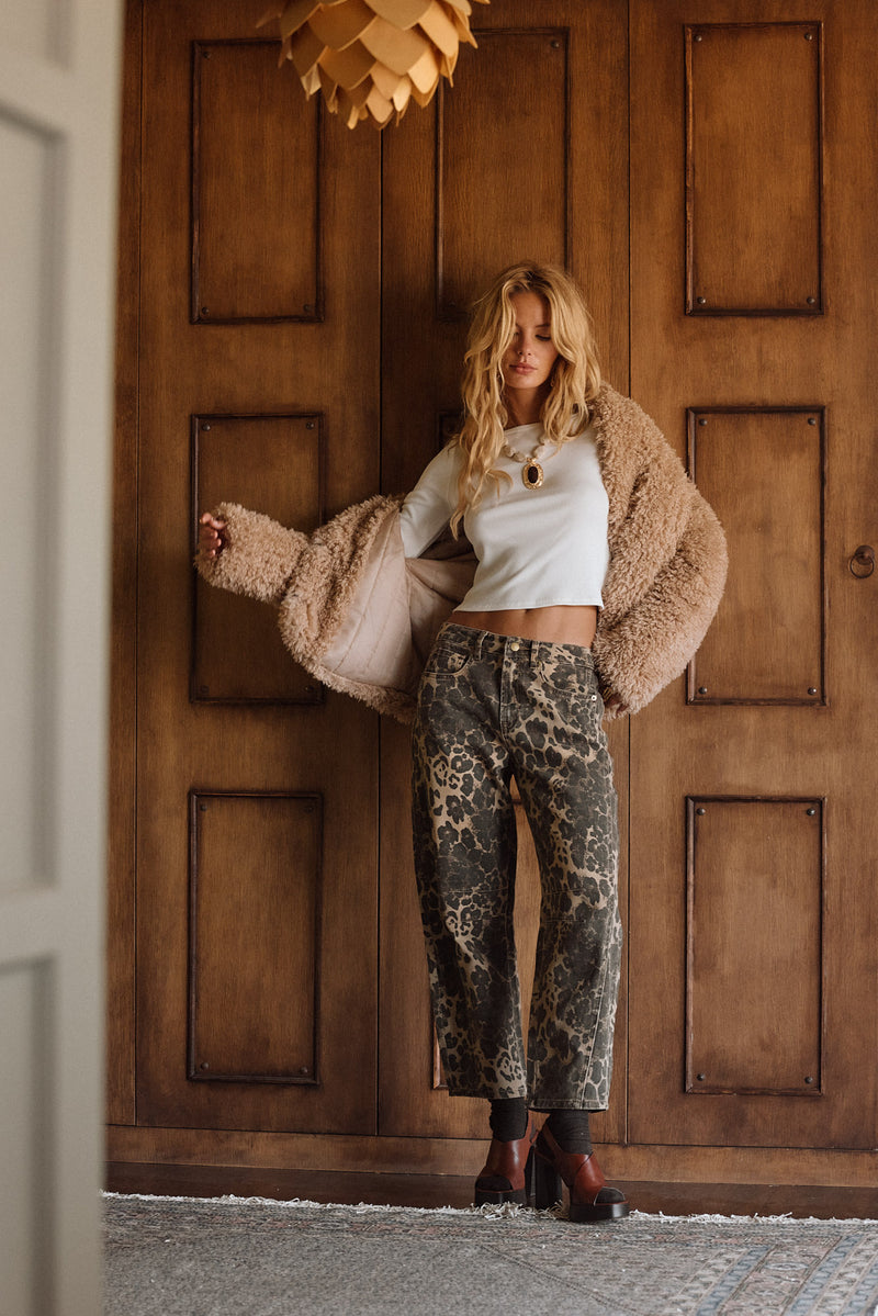Muse Leopard Barrel Jeans styled in a complete look from an alternate angle.