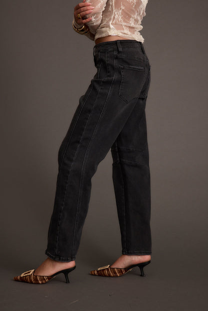 Muse Washed Black Barrel Denim Jeans styled in a complete look from an alternate angle.