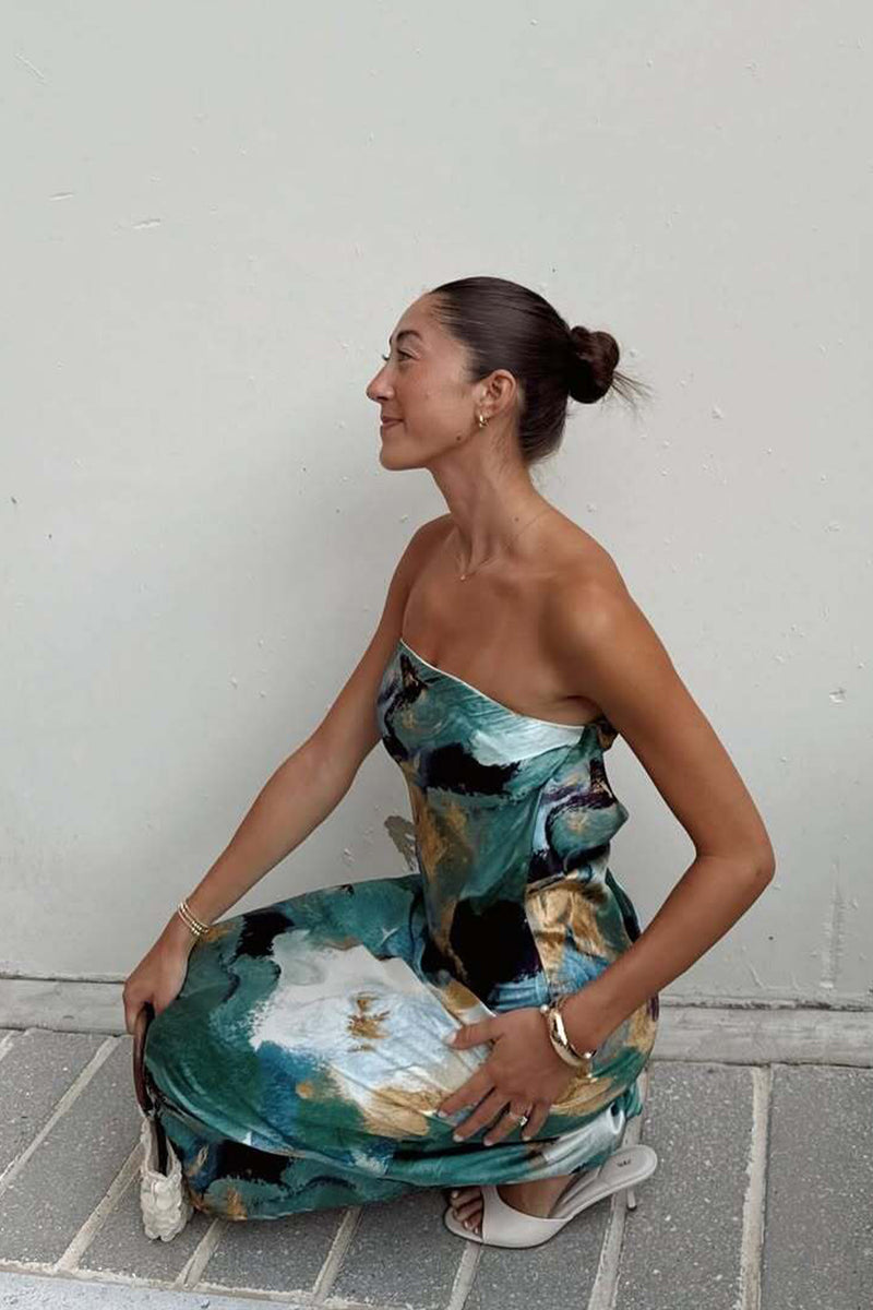 Natalia Blue and Gold Watercolor Strapless Maxi Dress styled in a complete look from an alternate angle.