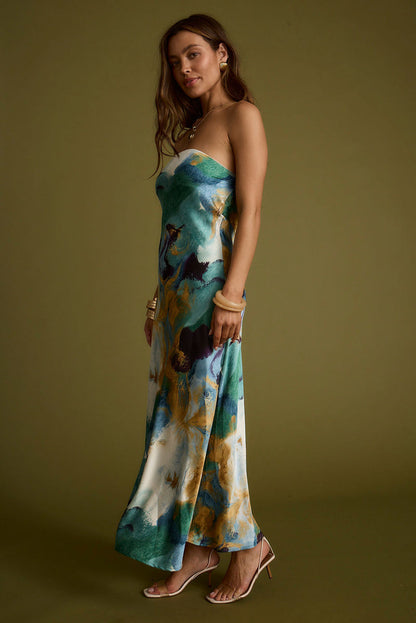 Additional view of the Natalia Blue and Gold Watercolor Strapless Maxi Dress from a different perspective.