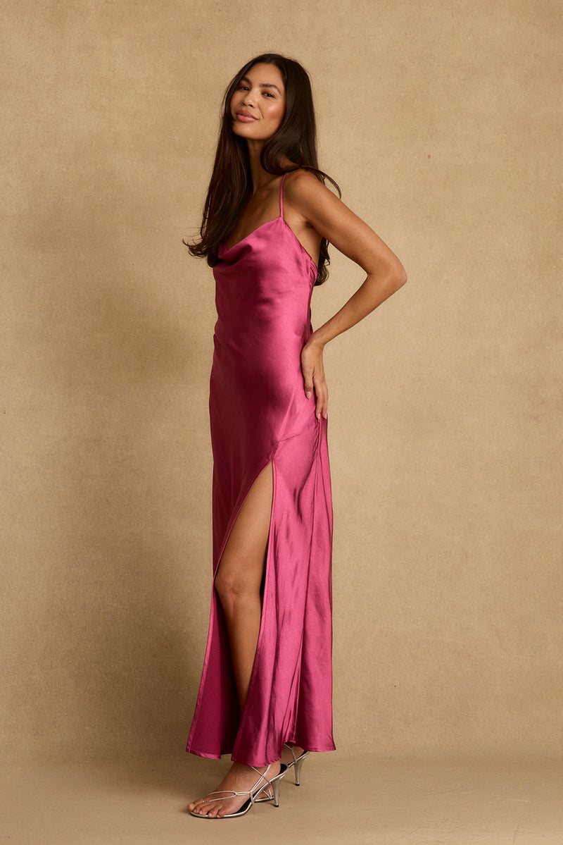 Natalia Fuchsia Satin Maxi Dress