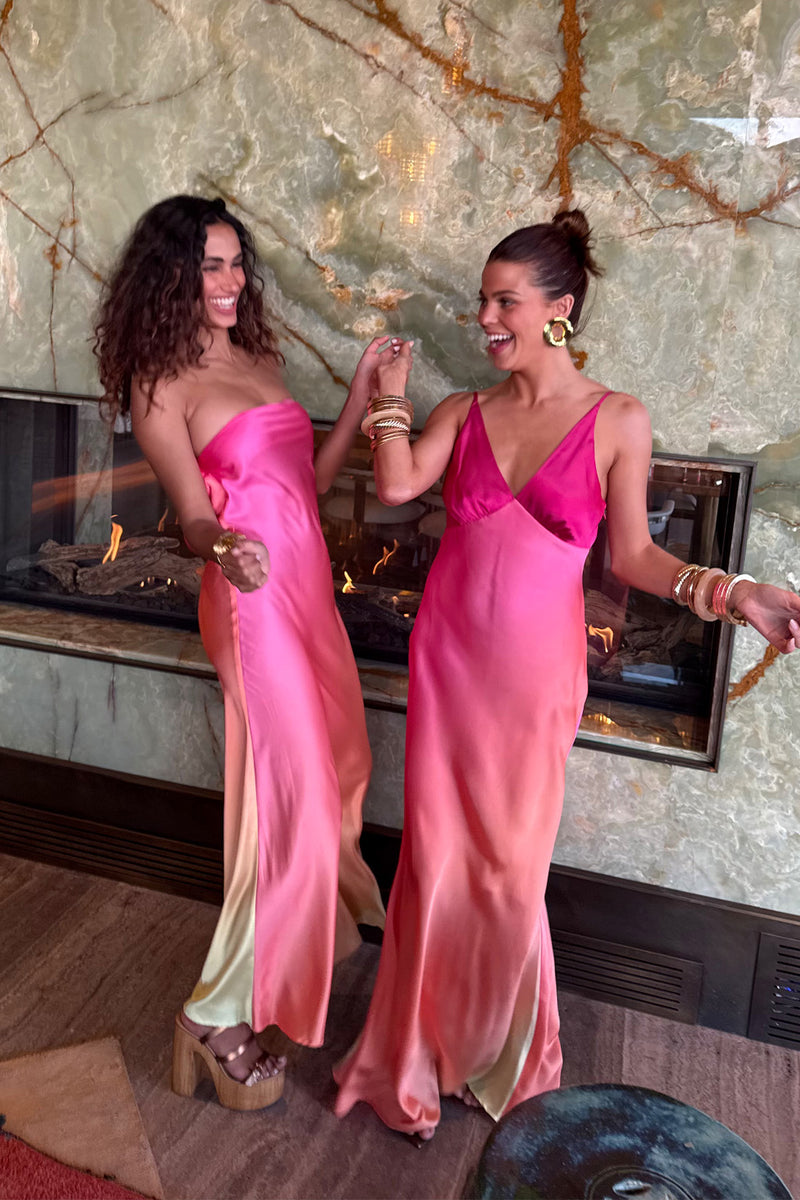 Detail shot of the Natalia Pink Sorbet Strapless Maxi Dress highlighting the strapless elements.