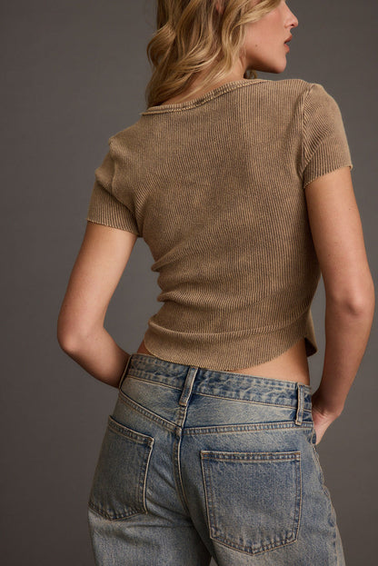 Back view of the brown ribbed top showing the silhouette and fit.