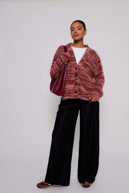 New Retro Fashion Deep V-Neck Maillard Plush Long-Sleeve Knit Cardigan