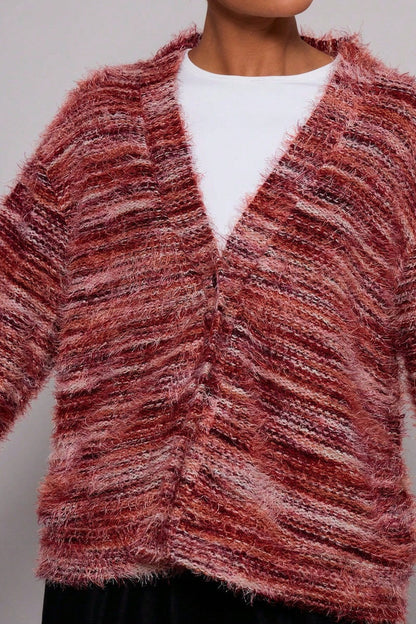 New Retro Fashion Deep V-Neck Maillard Plush Long-Sleeve Knit Cardigan