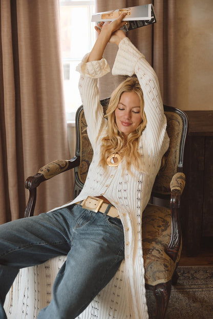 Nicoletta Cream Knit Longline Top styled in a complete look from an alternate angle.