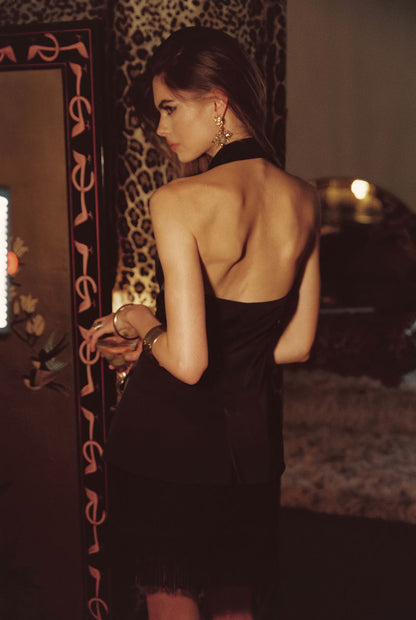 Noir Black Satin Longline Vest styled in a complete look from an alternate angle.