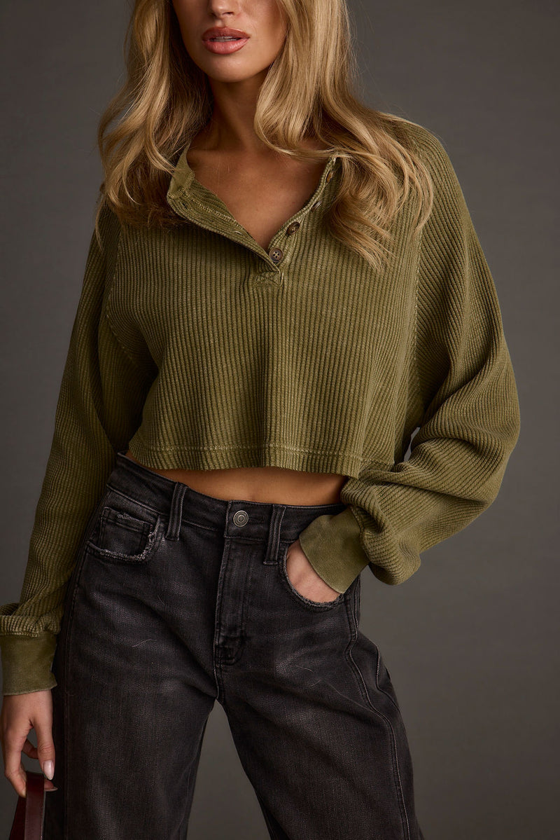 Not Your Boyfriend Olive Waffle Knit Henley