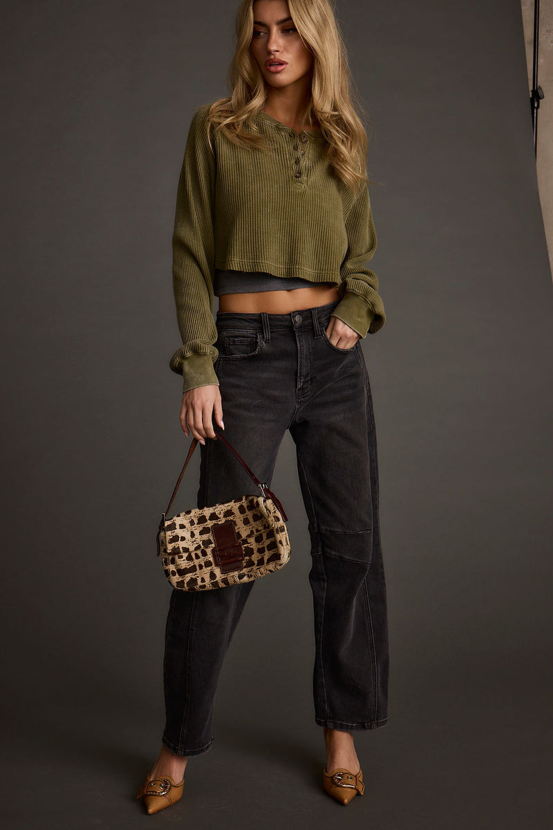 Not Your Boyfriend Olive Waffle Knit Henley
