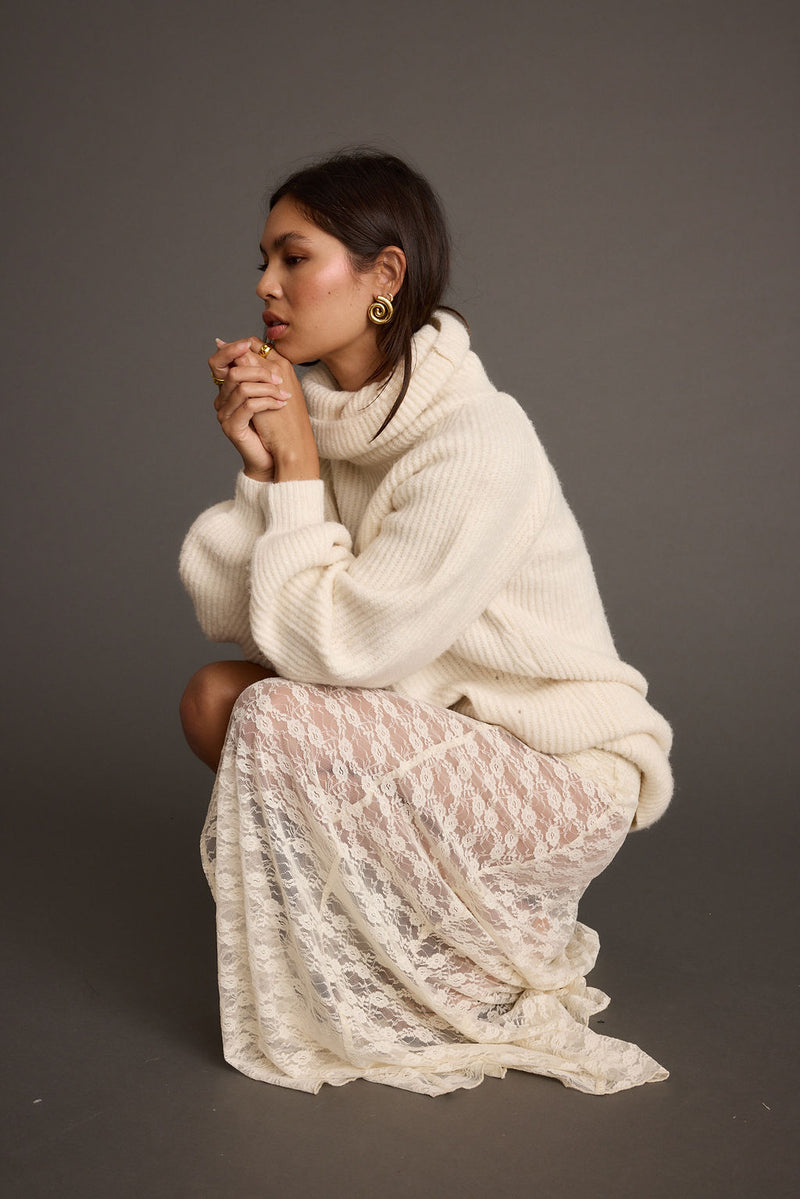 Odessa White Lace Maxi Skirt styled in a complete look from an alternate angle.