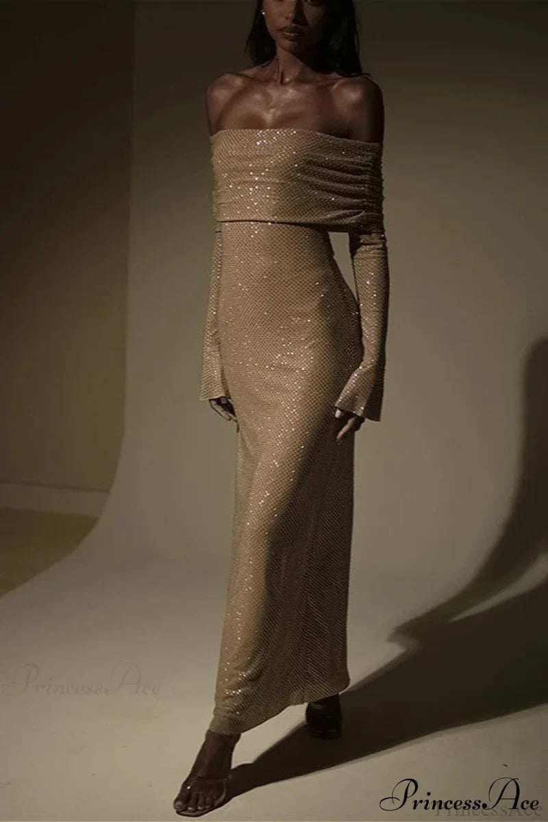 Off Neck Sequined Slim Fitted Long Party Dress Brown / S