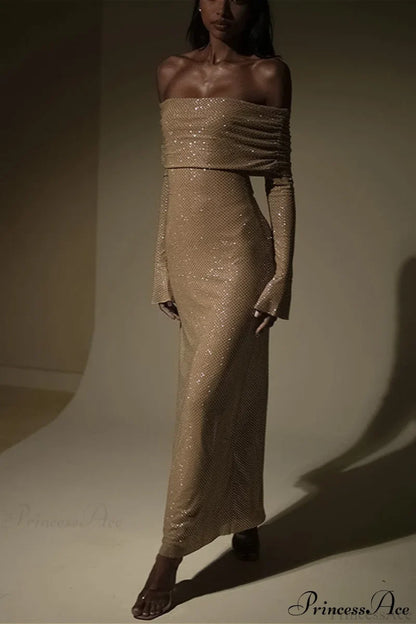 Off Neck Sequined Slim Fitted Long Party Dress Brown / S