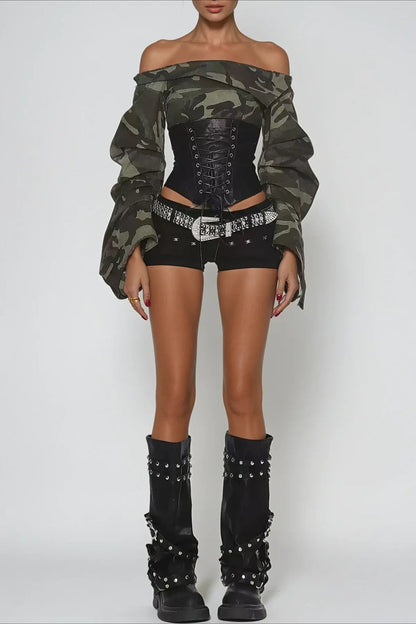 Off Shoulder Camo Print Tie Up Blouse