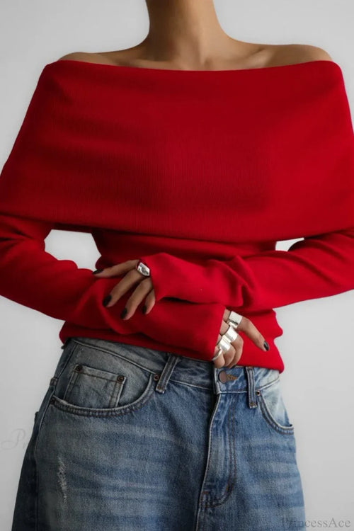 Off-Shoulder Fitted Long-Sleeve Knit Top Red / S
