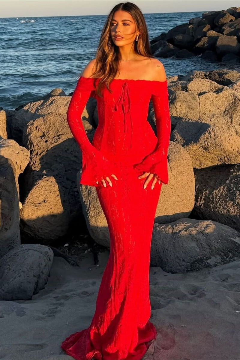 Off Shoulder Lace Flare Sleeve Fitted Train Elegant Maxi Dress
