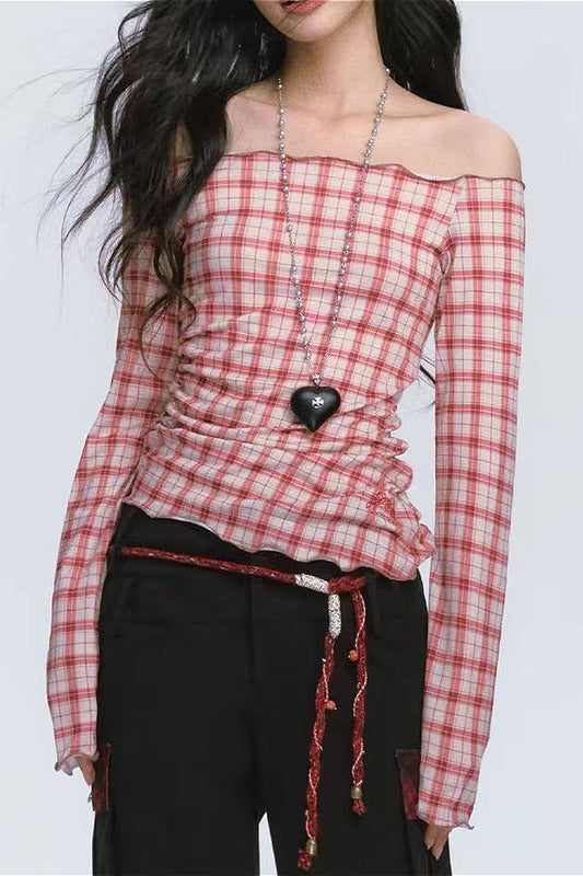 Off Shoulder Red Checkered Long Sleeve Blouse