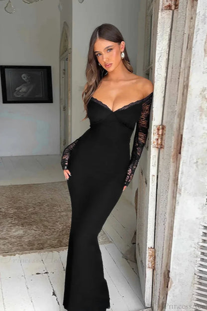 Off Shoulder Spliced Lace Trim Maxi Dress Black / XS