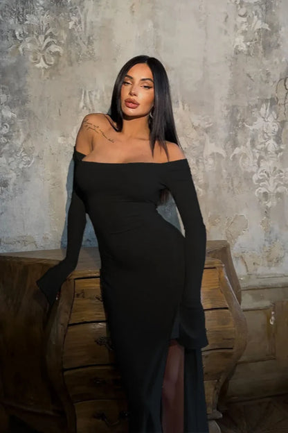 Off Shoulder Tie Fitted Elegant Maxi Dress