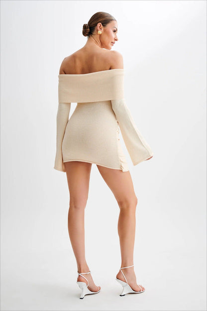 Off Shoulder Tie Knit Sweater Dress