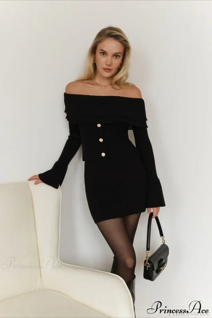 Off-the-Shoulder French Button-Panel Knit Sweater Black / S