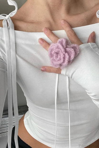 Off-the-Shoulder Tie Detail Fitted Long Sleeve Blouse